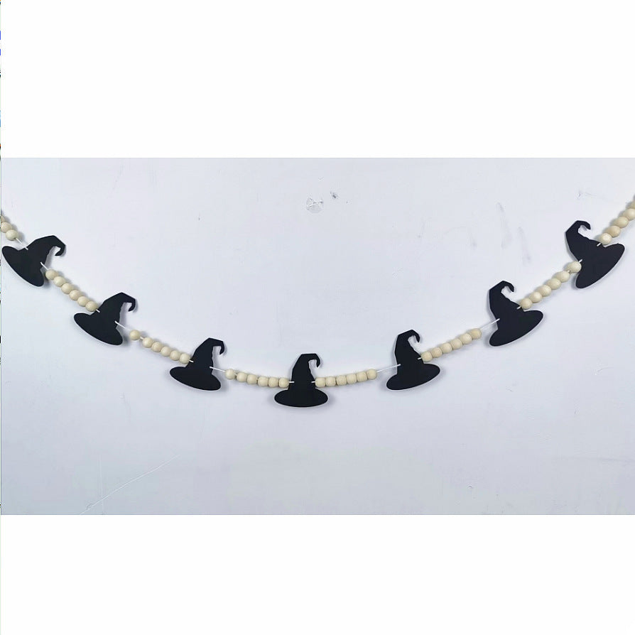 Halloween Felt Bat Ghost Skull Wooden Beads Garland Banner Party Ornaments
