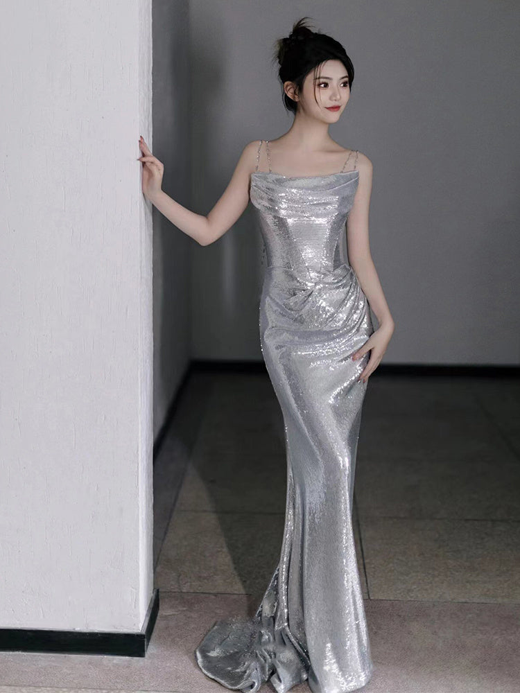 Bridal Sequined Silver Evening Dress With Sling For Host Banquet