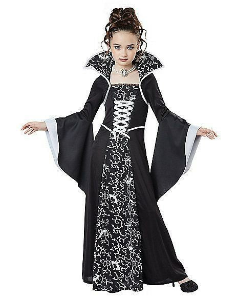 Children's Halloween Costume Witch Retro Lace Up Stand-up Collar Flared Sleeves Printed Maxi Dress - JOcaste