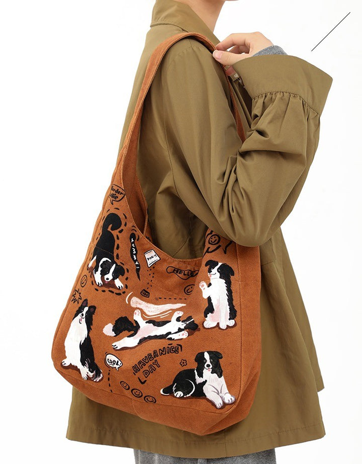 Retro Shoulder Puppy Printed Large Capacity Casual Canvas Bag