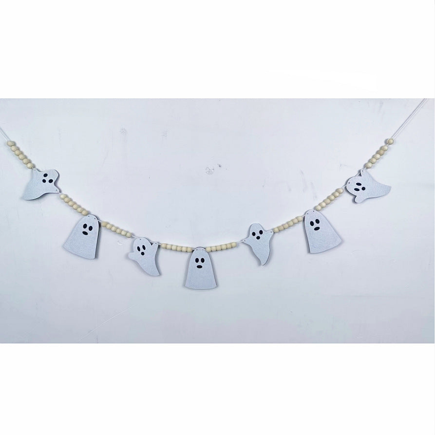 Halloween Felt Bat Ghost Skull Wooden Beads Garland Banner Party Ornaments