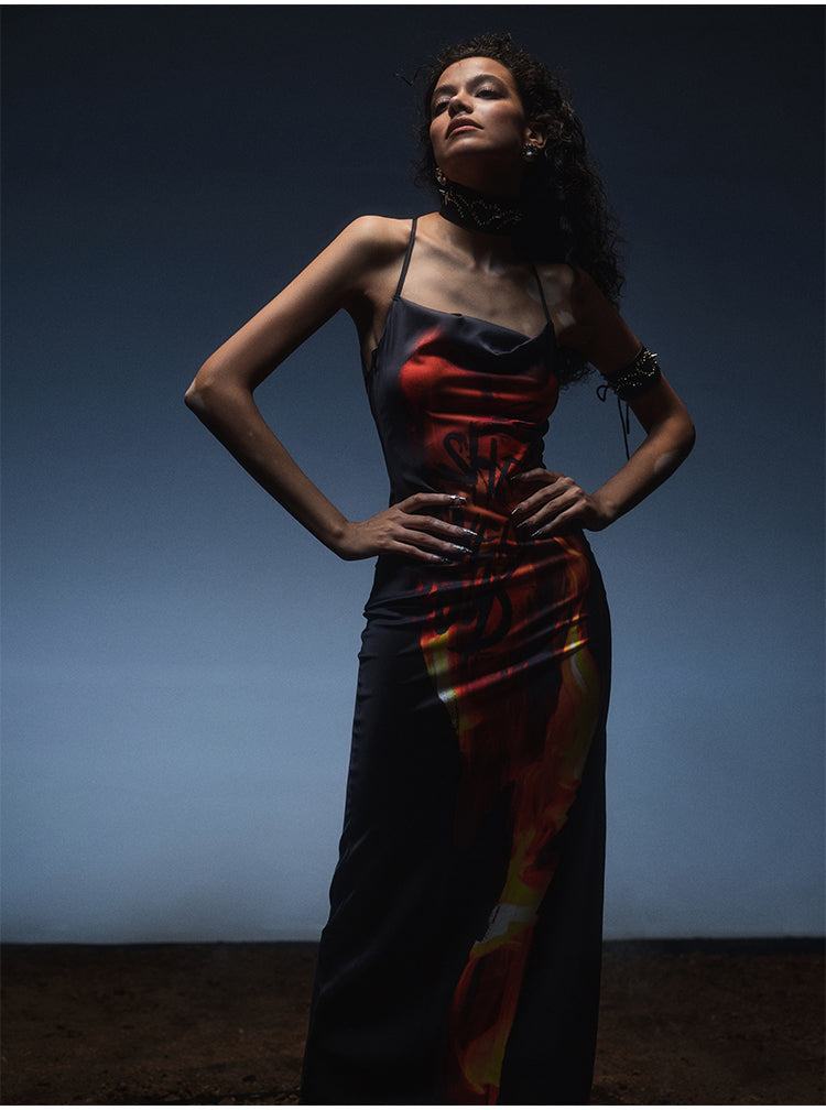 Ladies Flame Printed Backless Halter Neck Long Dress - JOcaste