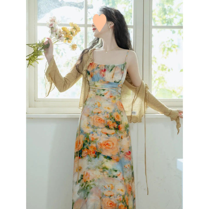 Vintage Skirt French Dress Oil Painting Suspender Cardigan With Two-piece Set