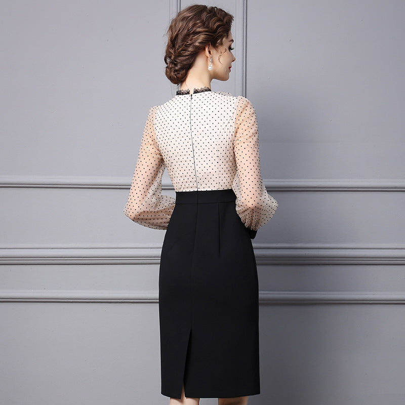 Polka Dot Panel Lace Slim Fit Wrap Hip Skirt