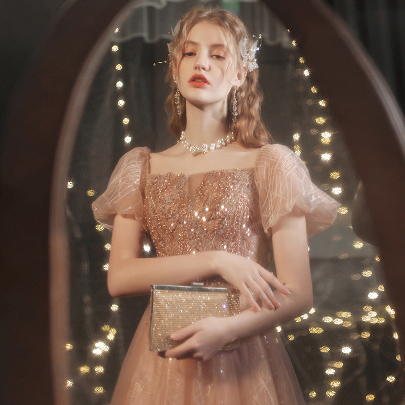 Golden Puff Sleeve Dress For Women's Banquet - JOcaste