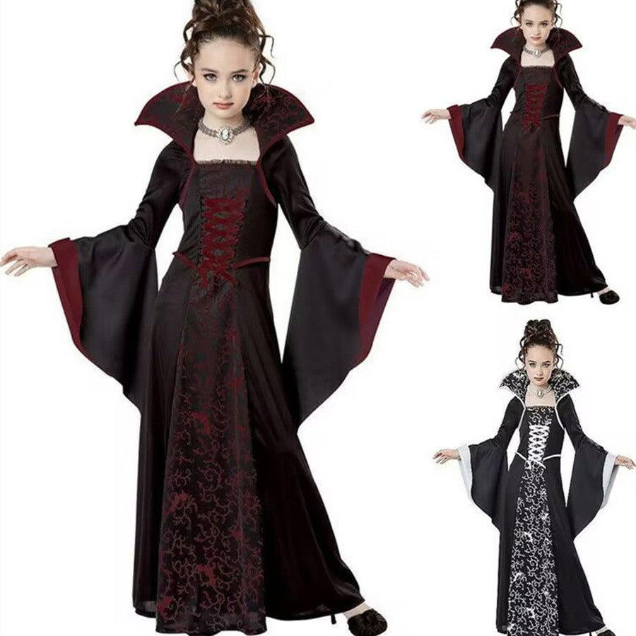 Children's Halloween Costume Witch Retro Lace Up Stand-up Collar Flared Sleeves Printed Maxi Dress - JOcaste