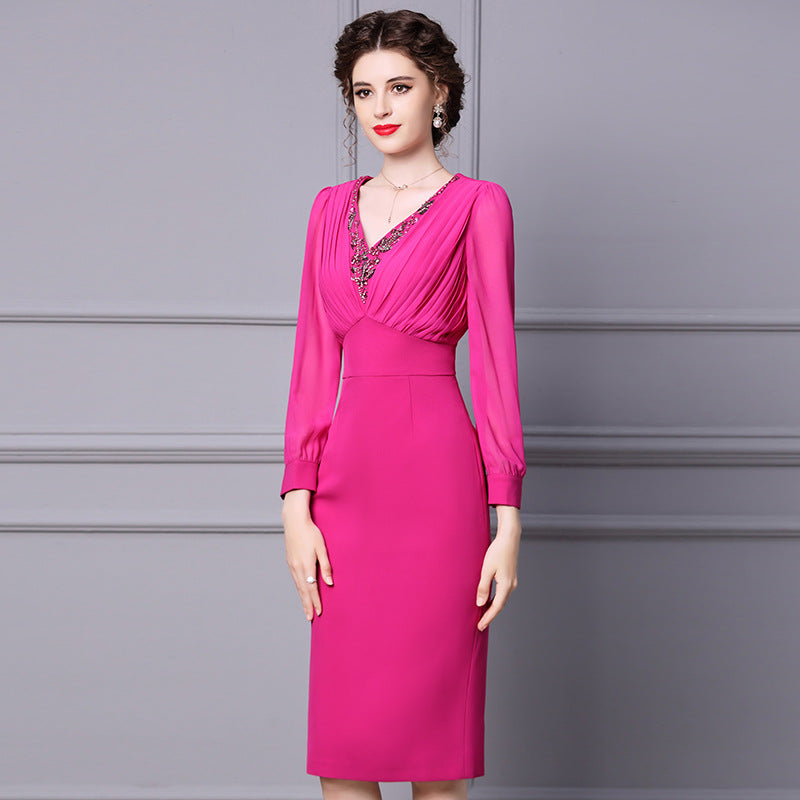 Solid Color Temperament Nailed Diamond Long Sleeve Slim Fit Skirt