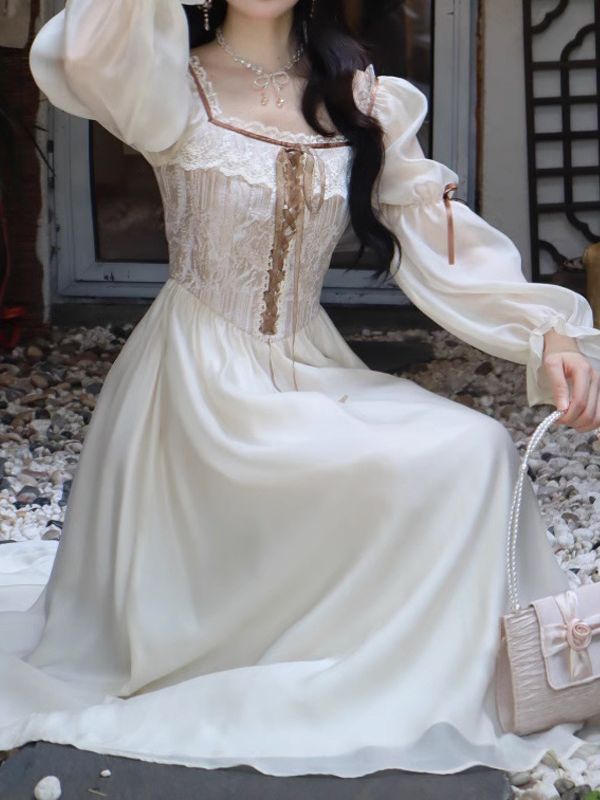 French Retro Long Dress Court Style Square Collar