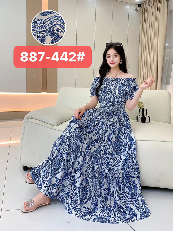 Travel Beach Off-neck Cotton Silk Floral Dress
