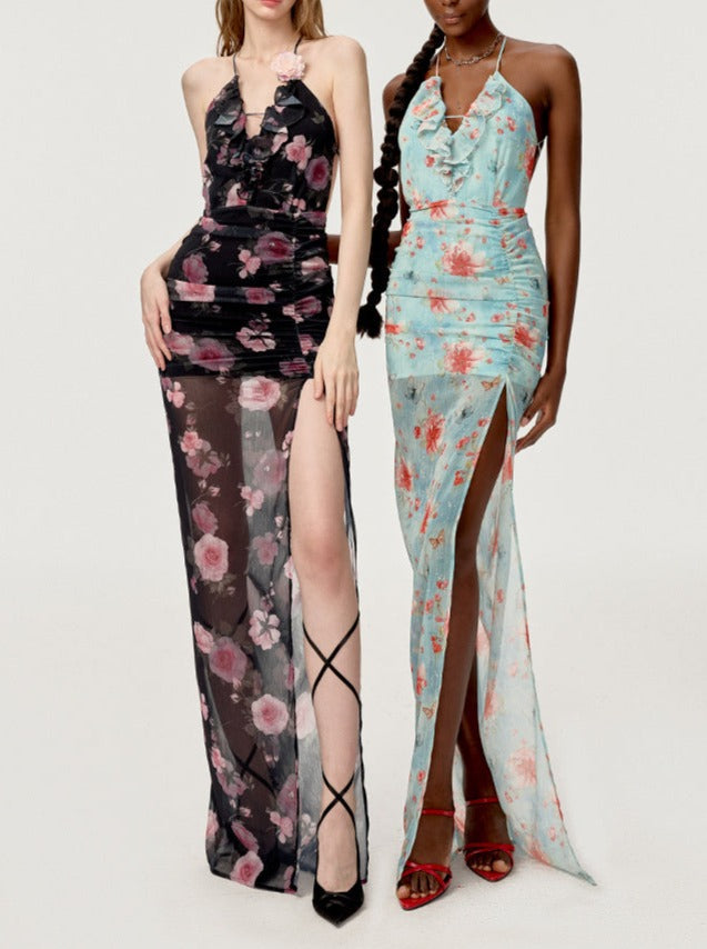 High Slit Waist-tight Floral Dress