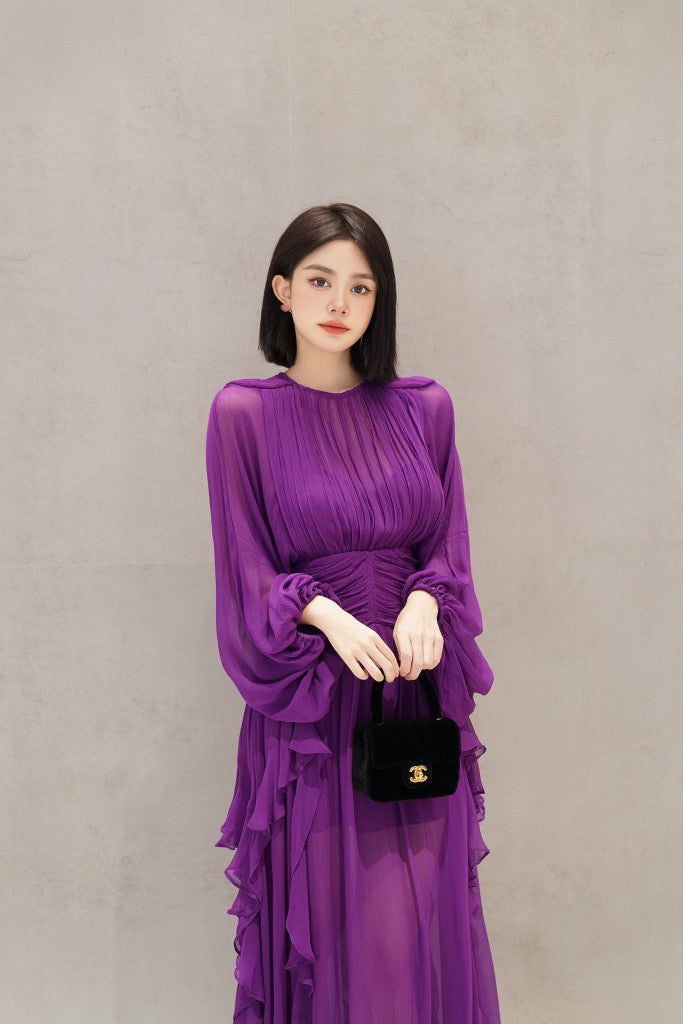 Ladies Long Sleeve Pleated Backless Mock Neck Versatile Dress