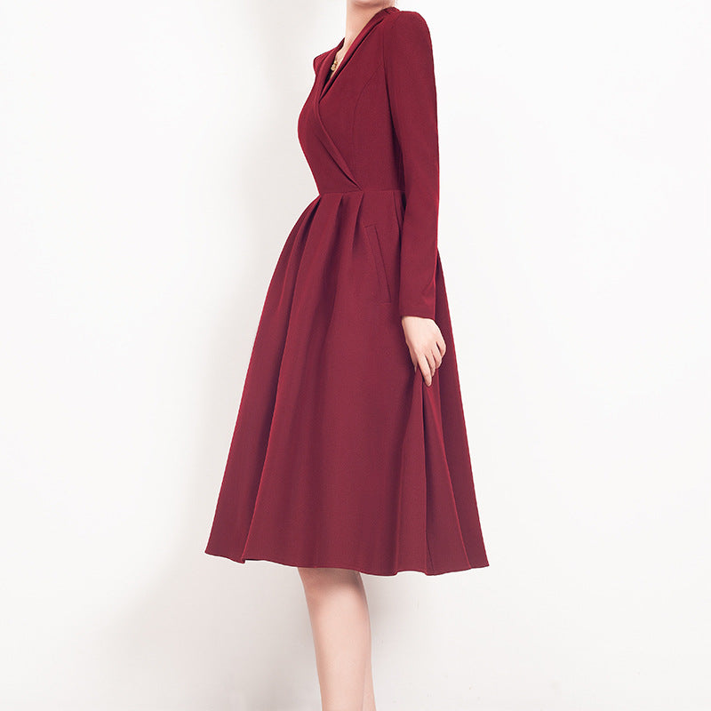 Red V-neck Dress Women's Suit Collar - JOcaste