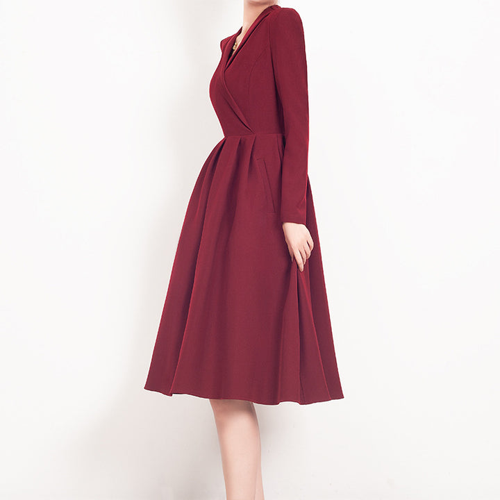 Red V-neck Dress Women's Suit Collar - JOcaste