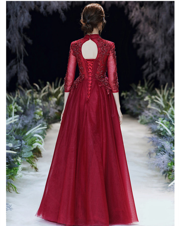 Long Sleeved Wine Red Banquet Temperament - JOcaste