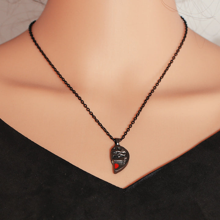 Punk Retro Skull Pendant Halloween Necklace Heart-shaped Magnetic Stitching Love Skull Couple Necklace - JOcaste