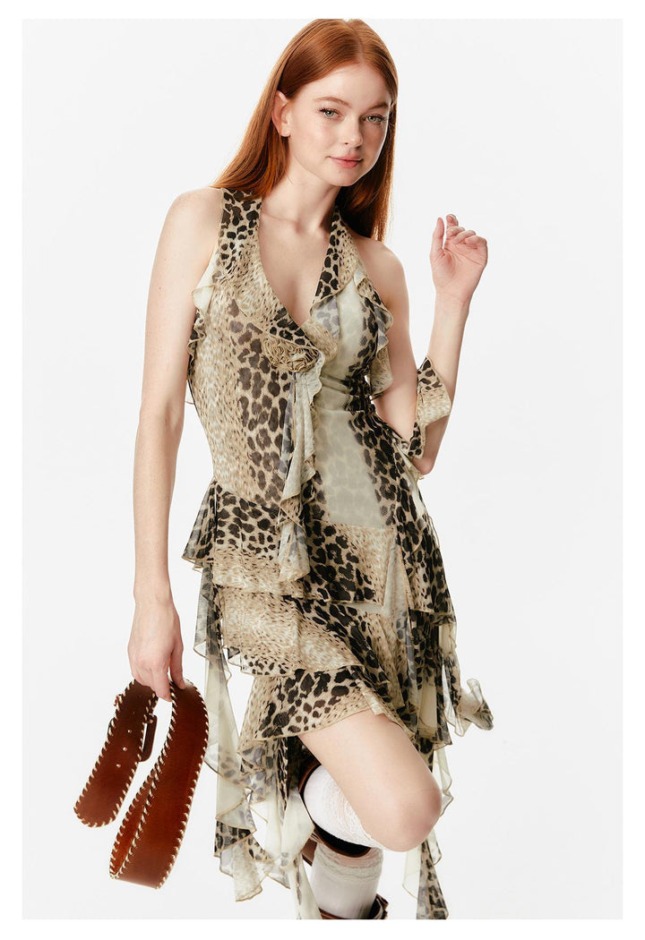 Masquerade Temperament Leopard Print Halter Dress