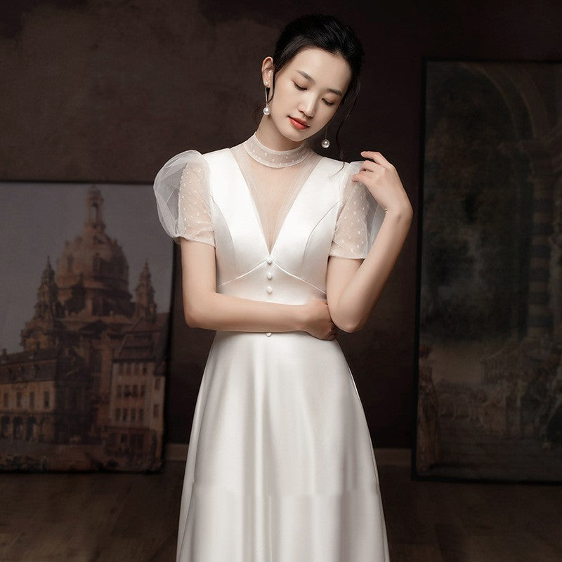 White Engagement Wedding Dress Female French Satin Light Wedding Dress - JOcaste