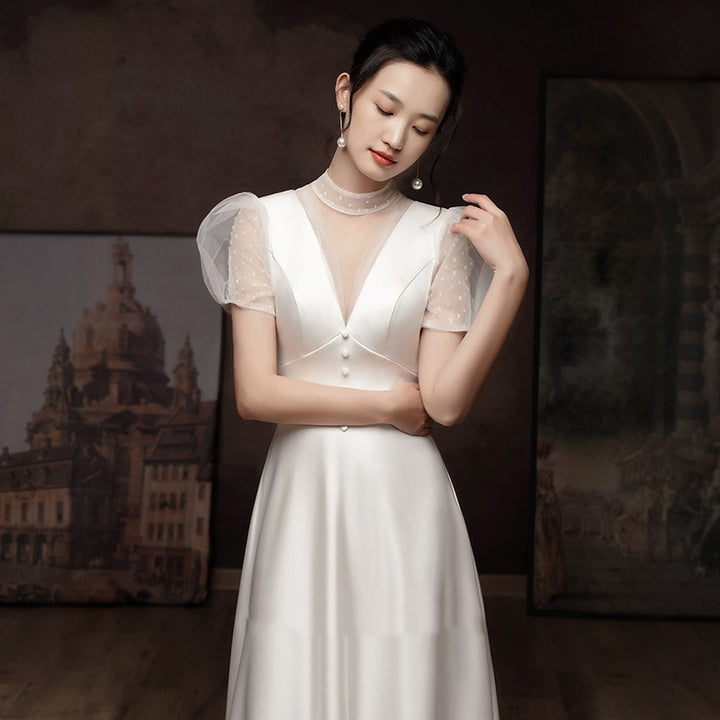 White Engagement Wedding Dress Female French Satin Light Wedding Dress - JOcaste