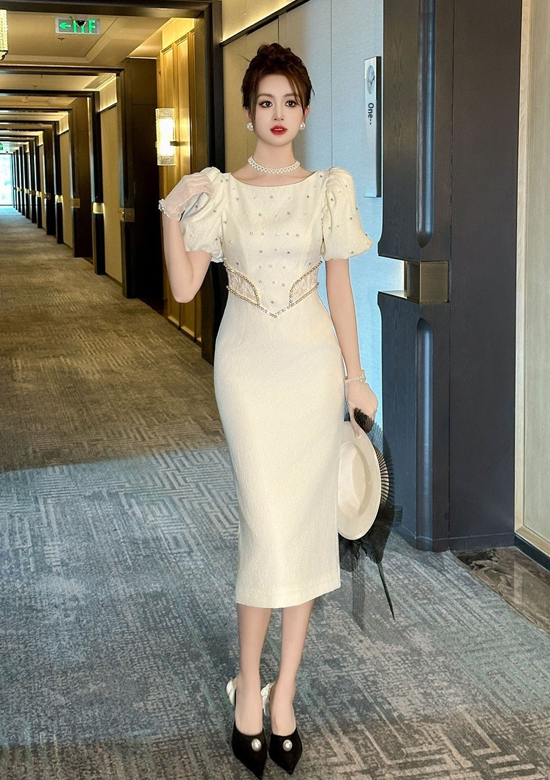 Round Neck Puff Sleeve Slim Fit Dress Women