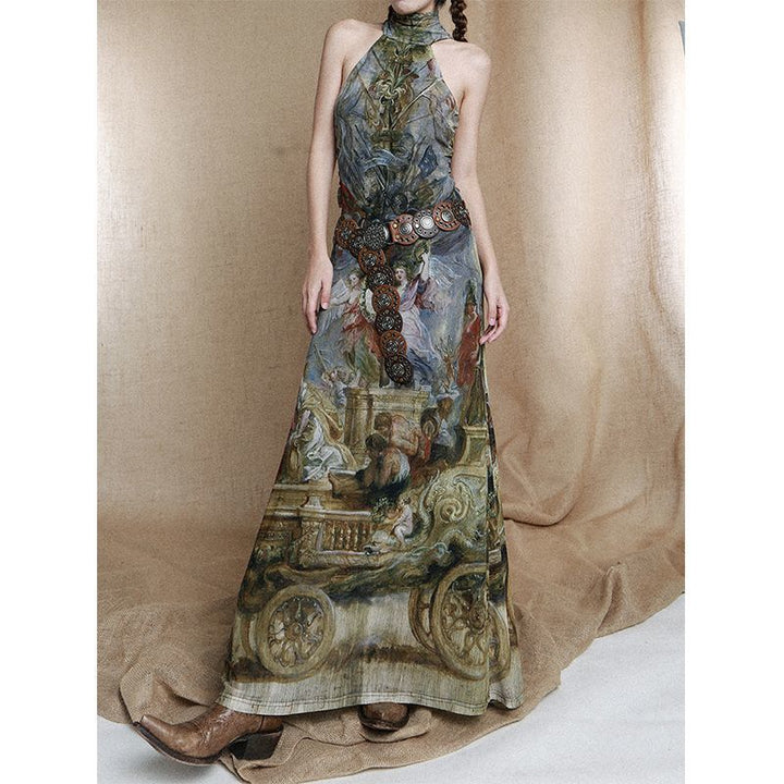 Homemade Retro European Oil Painting Style Cross Wooden Ring Backless High Collar Slimming Dress