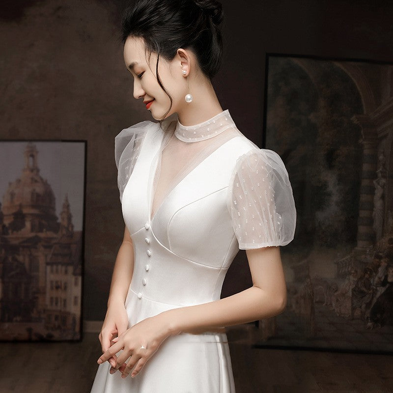 White Engagement Wedding Dress Female French Satin Light Wedding Dress - JOcaste