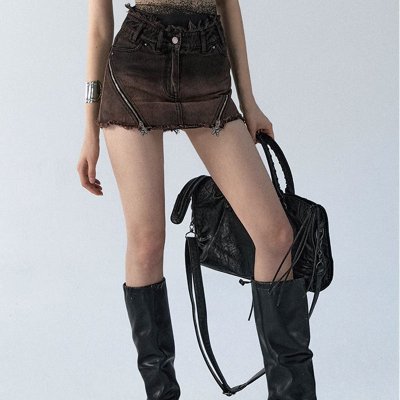 Dirty Washed Gradient Denim Short Skirt Shorts