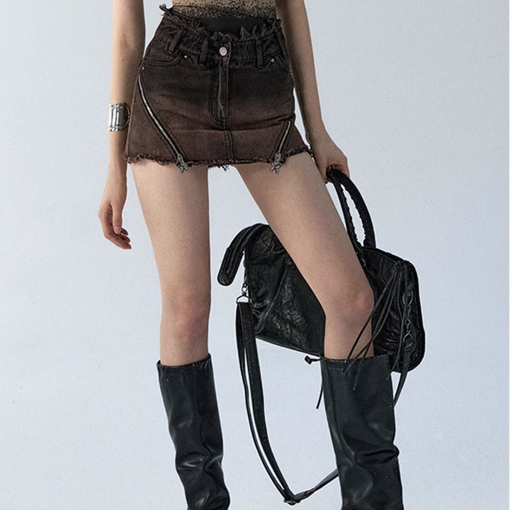 Dirty Washed Gradient Denim Short Skirt Shorts