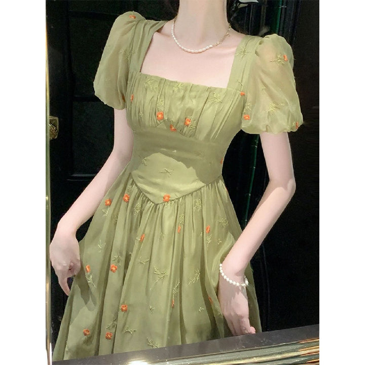 Waist Tightening And Slimming Green Floral Dress For Women