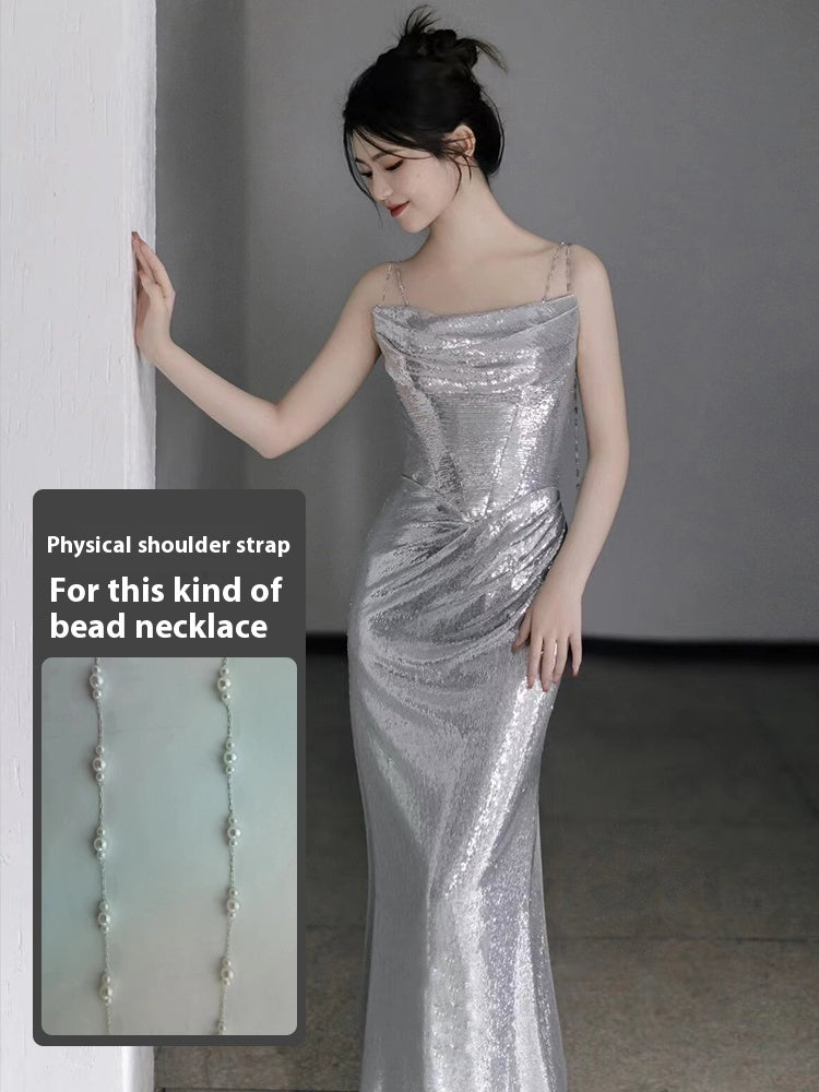 Bridal Sequined Silver Evening Dress With Sling For Host Banquet