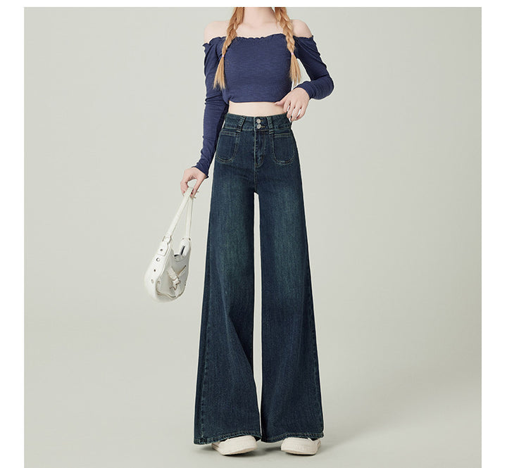 Women’s Vintage Blue High Waist Jeans – Distressed Multi-Pocket Denim-SH-BT-018