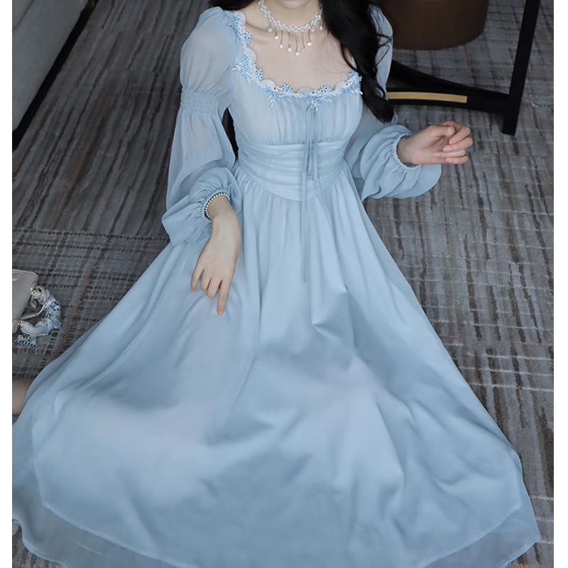 Temperament Square Collar Chiffon Long Sleeve Fairy Dress Women