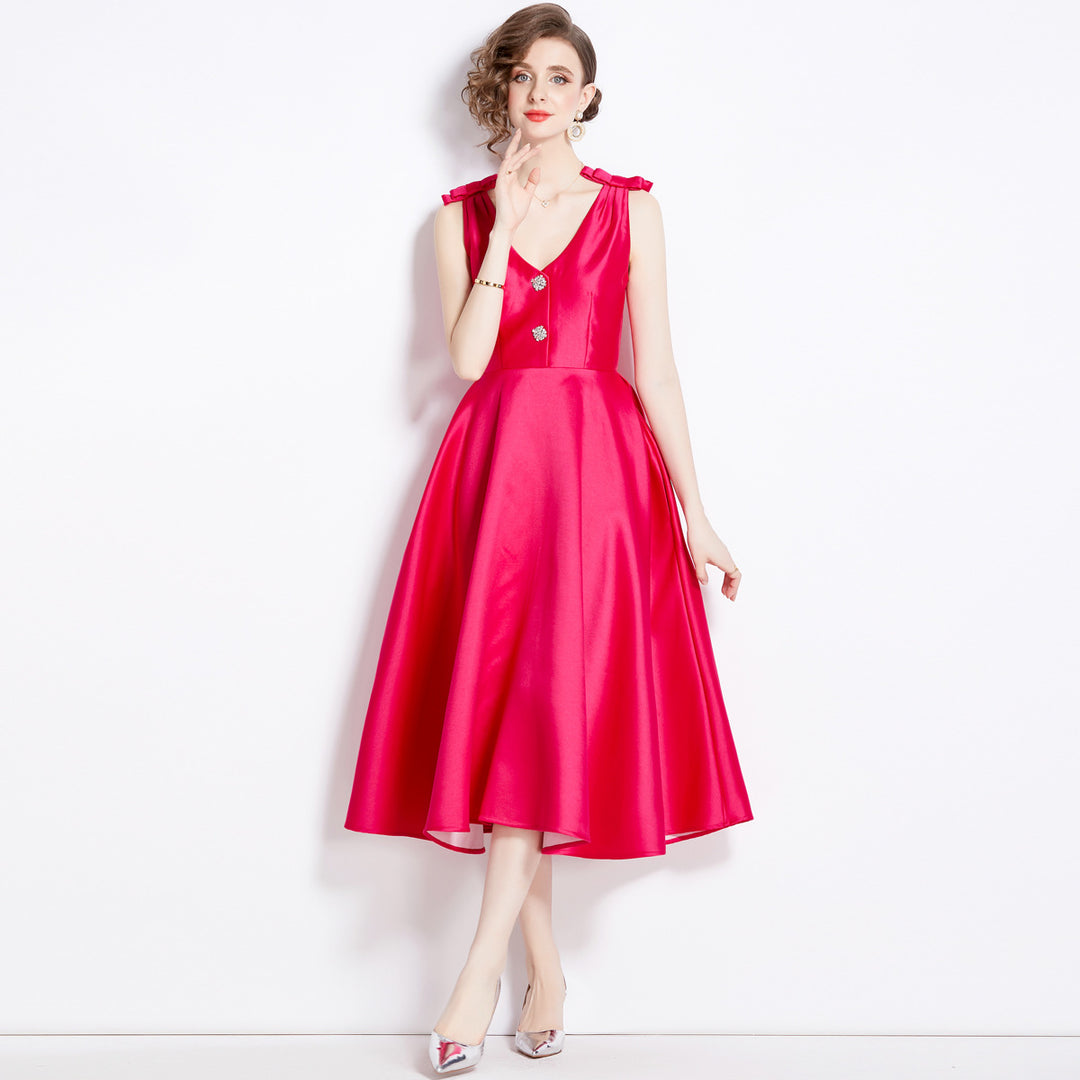 Three-dimensional Bow Diamond V Neck Tight Waist Large Hem Dress