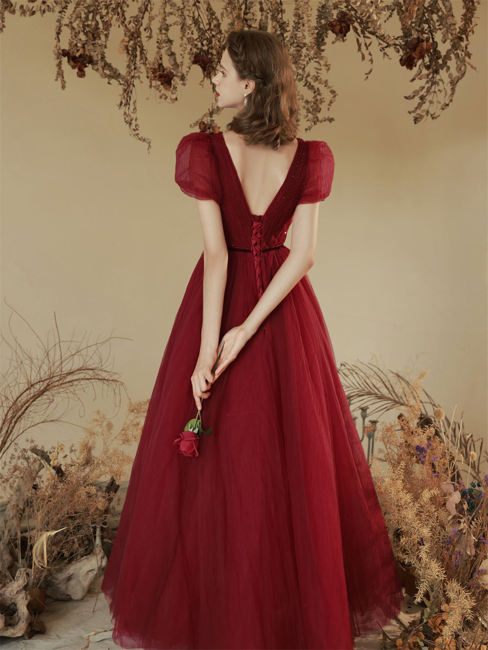 Solid Color Toast Clothing Wine Red Puff Sleeves - JOcaste