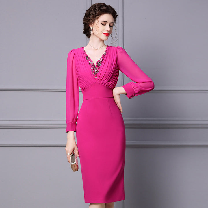 Solid Color Temperament Nailed Diamond Long Sleeve Slim Fit Skirt