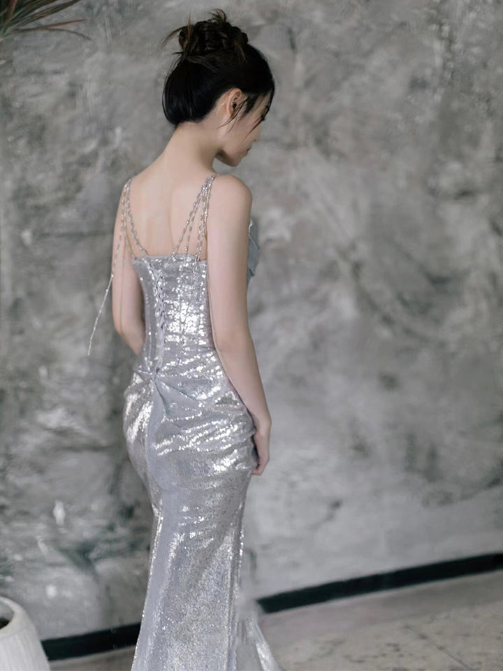 Bridal Sequined Silver Evening Dress With Sling For Host Banquet