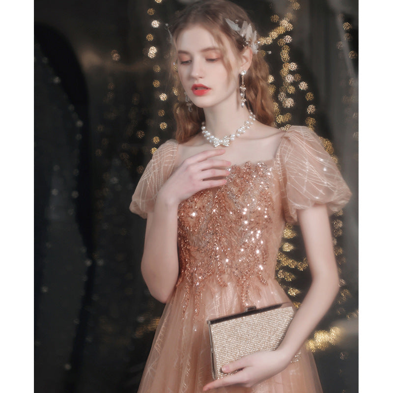 Golden Puff Sleeve Dress For Women's Banquet - JOcaste