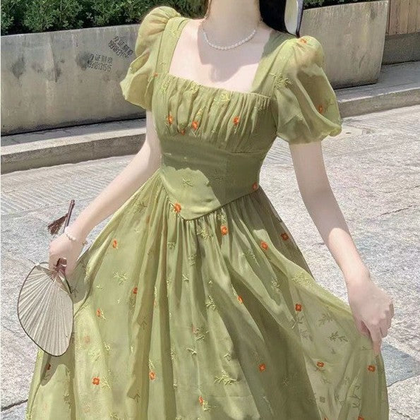 Waist Tightening And Slimming Green Floral Dress For Women