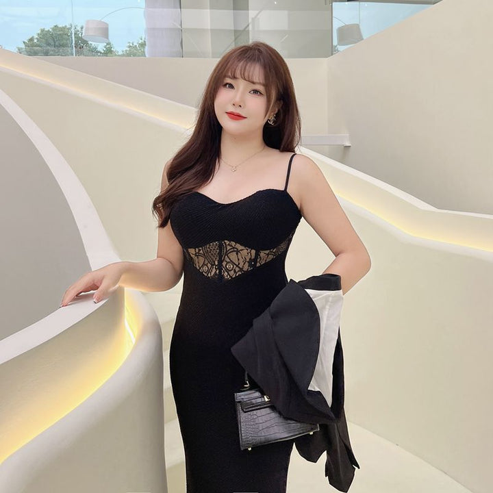 French Manor Lace Fishbone Sling Mini Black Dress
