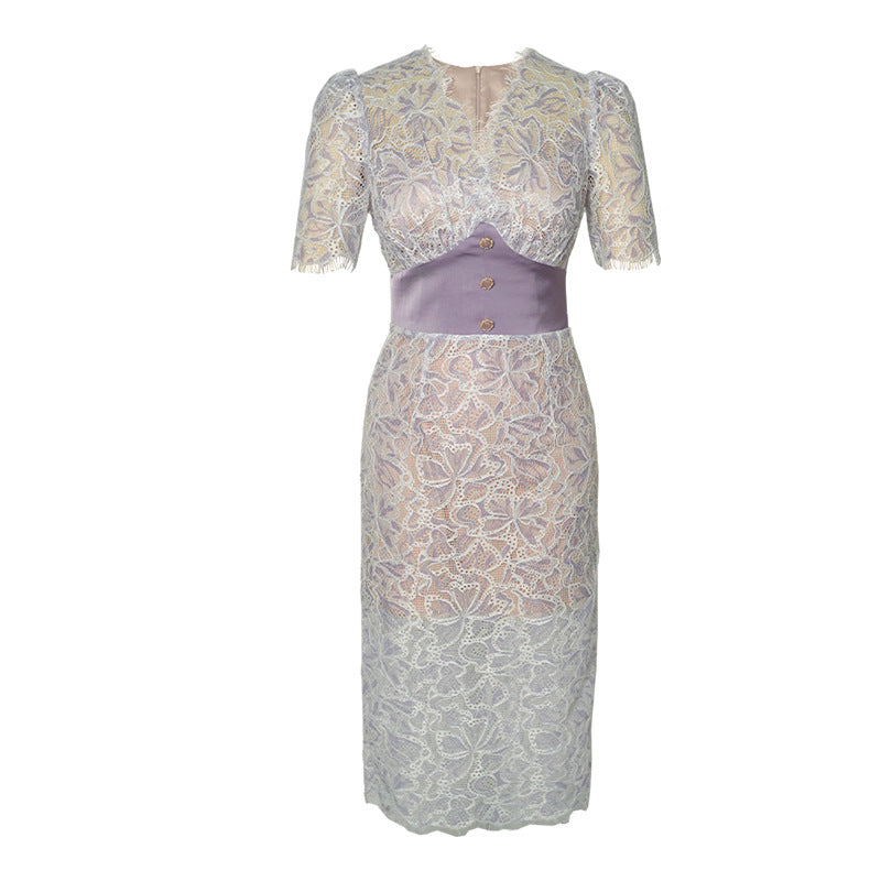 V-neck Waist-controlled Slimming Lace Short Sleeve Dress