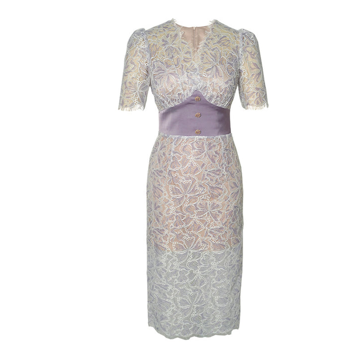 V-neck Waist-controlled Slimming Lace Short Sleeve Dress