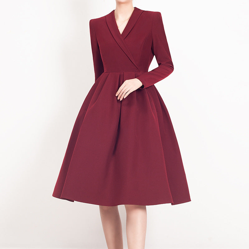 Red V-neck Dress Women's Suit Collar - JOcaste