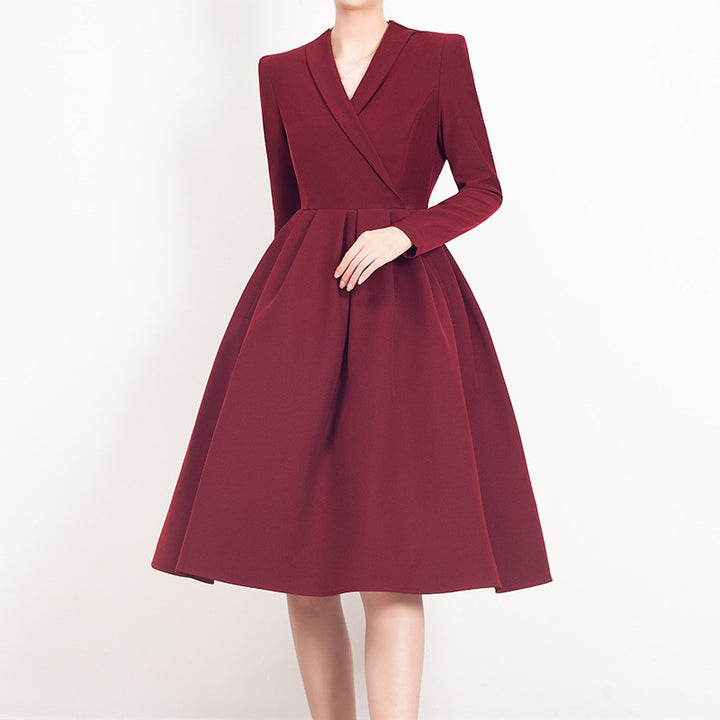 Red V-neck Dress Women's Suit Collar - JOcaste