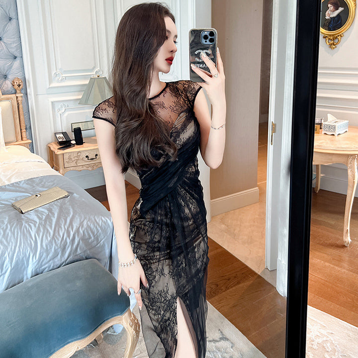 Ladies Round Neck Slim Mesh Open Dress