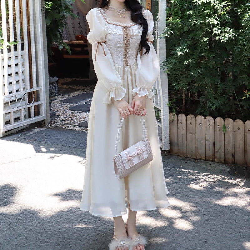 French Retro Long Dress Court Style Square Collar