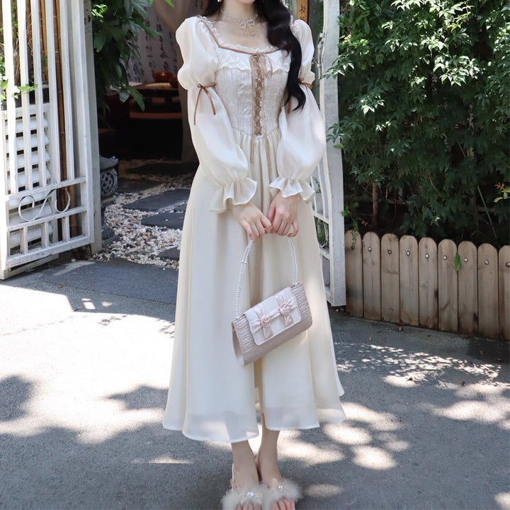 French Retro Long Dress Court Style Square Collar