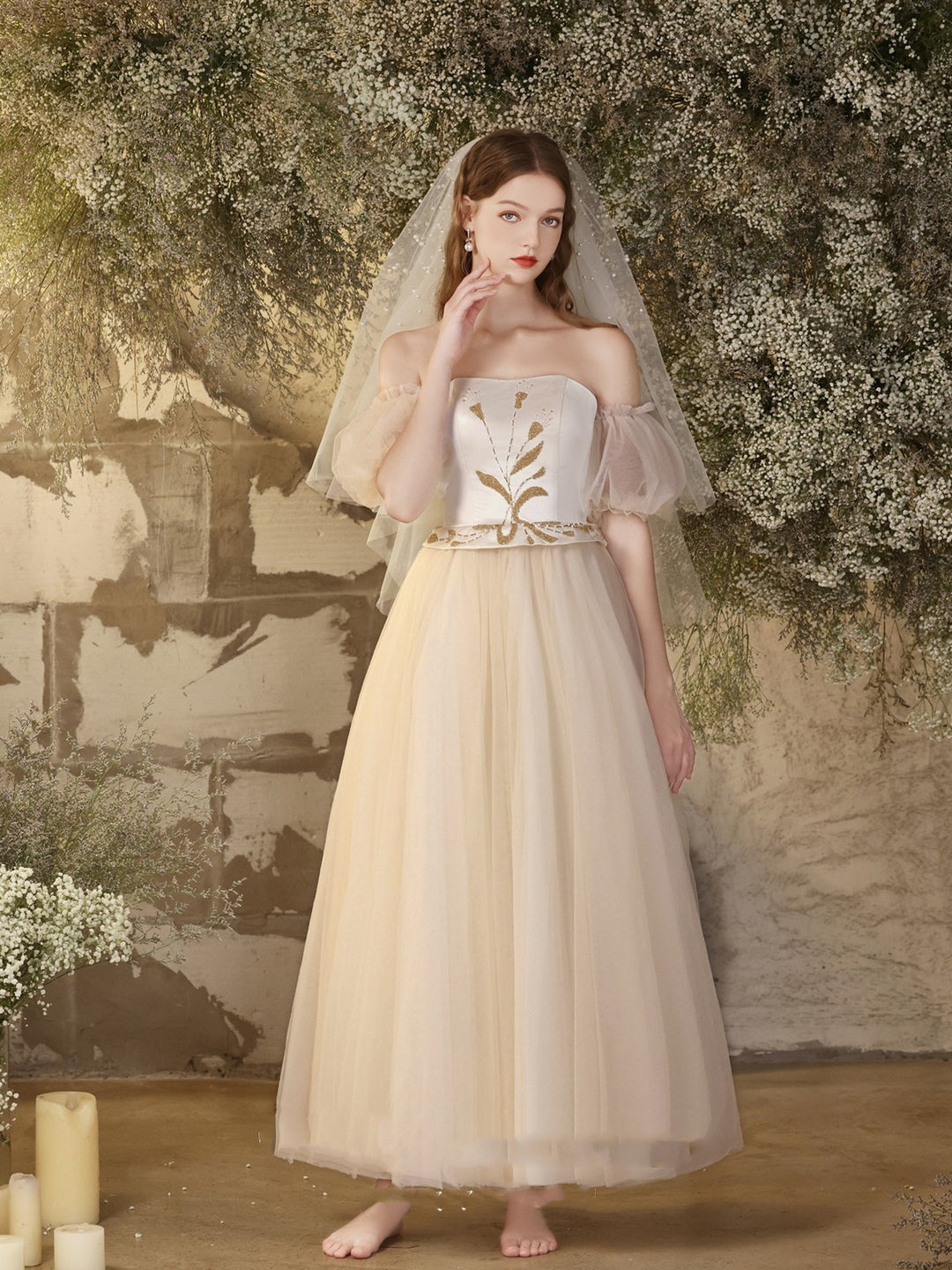 Bridal Wedding Dress White Bra Beaded Midi Gauze Dress