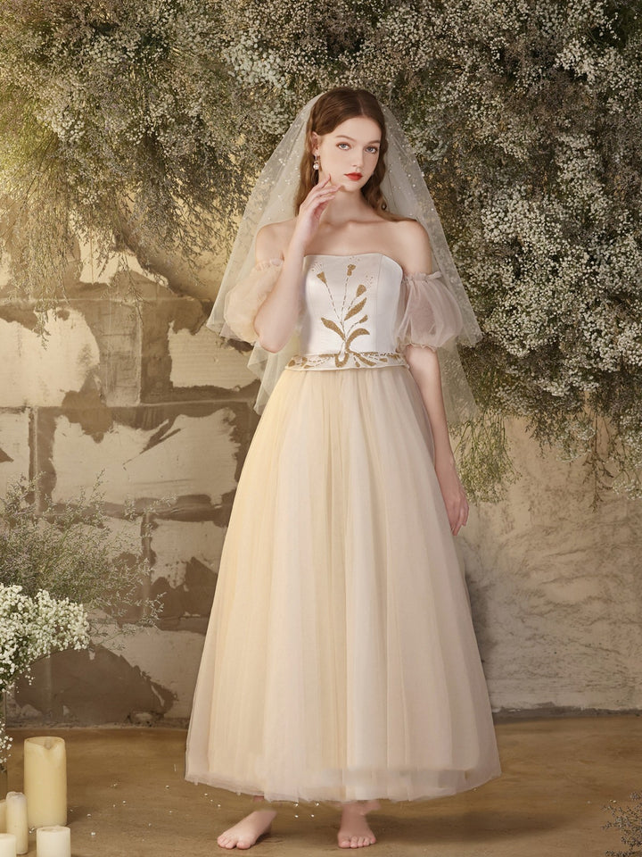 Bridal Wedding Dress White Bra Beaded Midi Gauze Dress