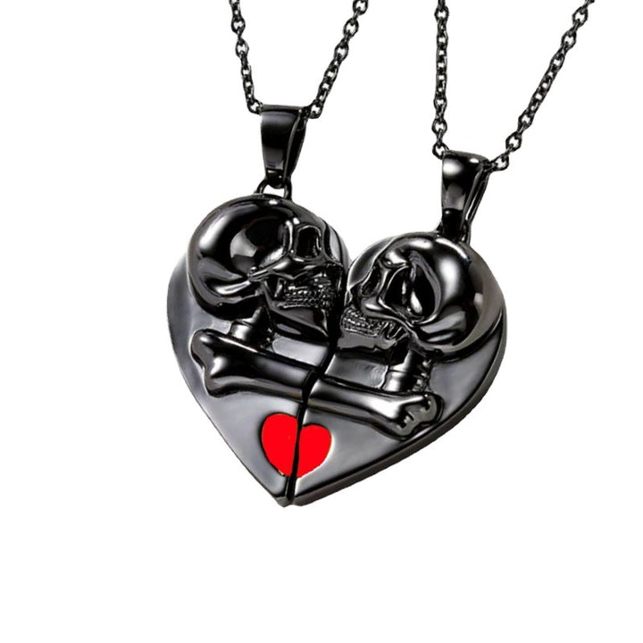 Punk Retro Skull Pendant Halloween Necklace Heart-shaped Magnetic Stitching Love Skull Couple Necklace - JOcaste