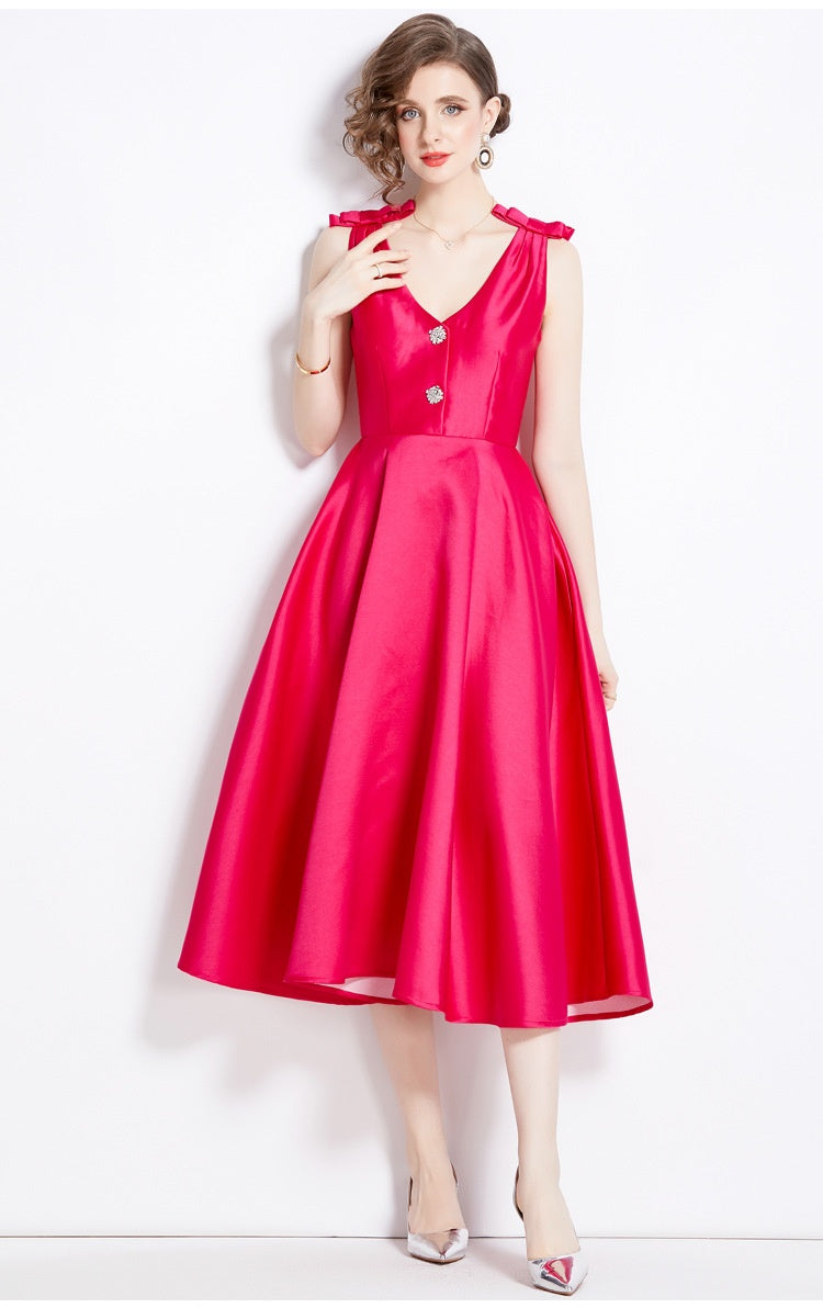 Three-dimensional Bow Diamond V Neck Tight Waist Large Hem Dress