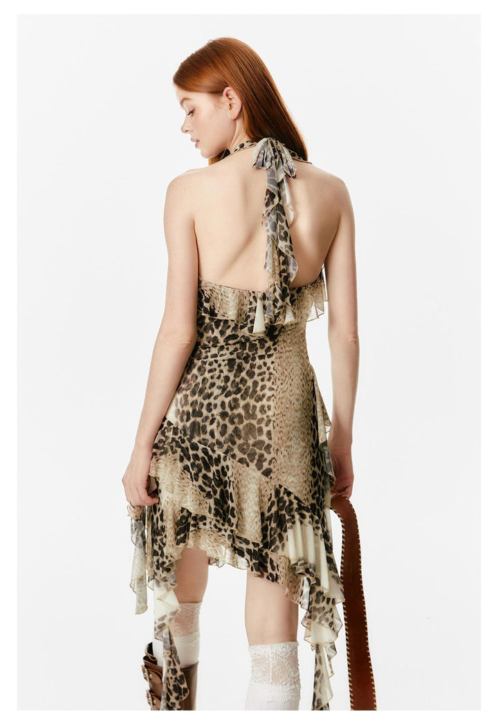 Masquerade Temperament Leopard Print Halter Dress